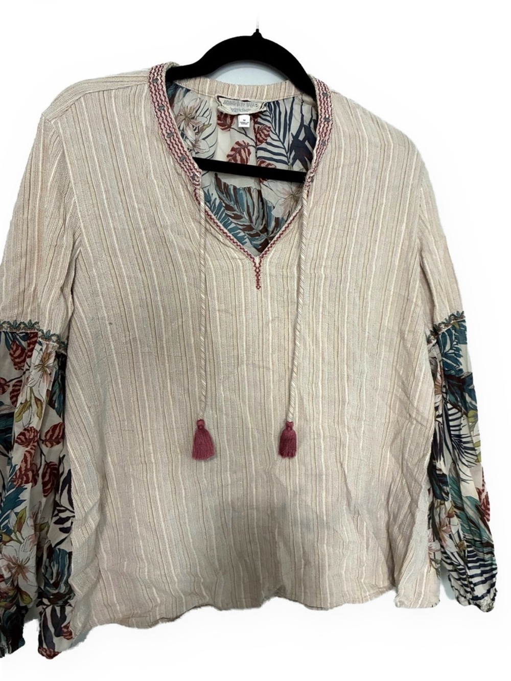 Johnny Was Cream Textured Peasant Top with Floral Bell Sleeves